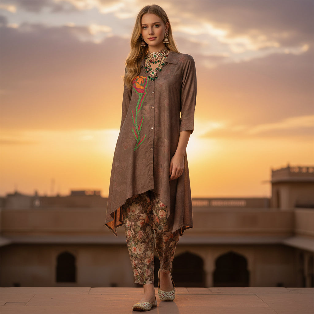 Satin Finish Poly Asymmetrical Long-Line Shirt and Tapered Pants