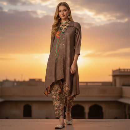 Satin Finish Poly Asymmetrical Long-Line Shirt and Tapered Pants