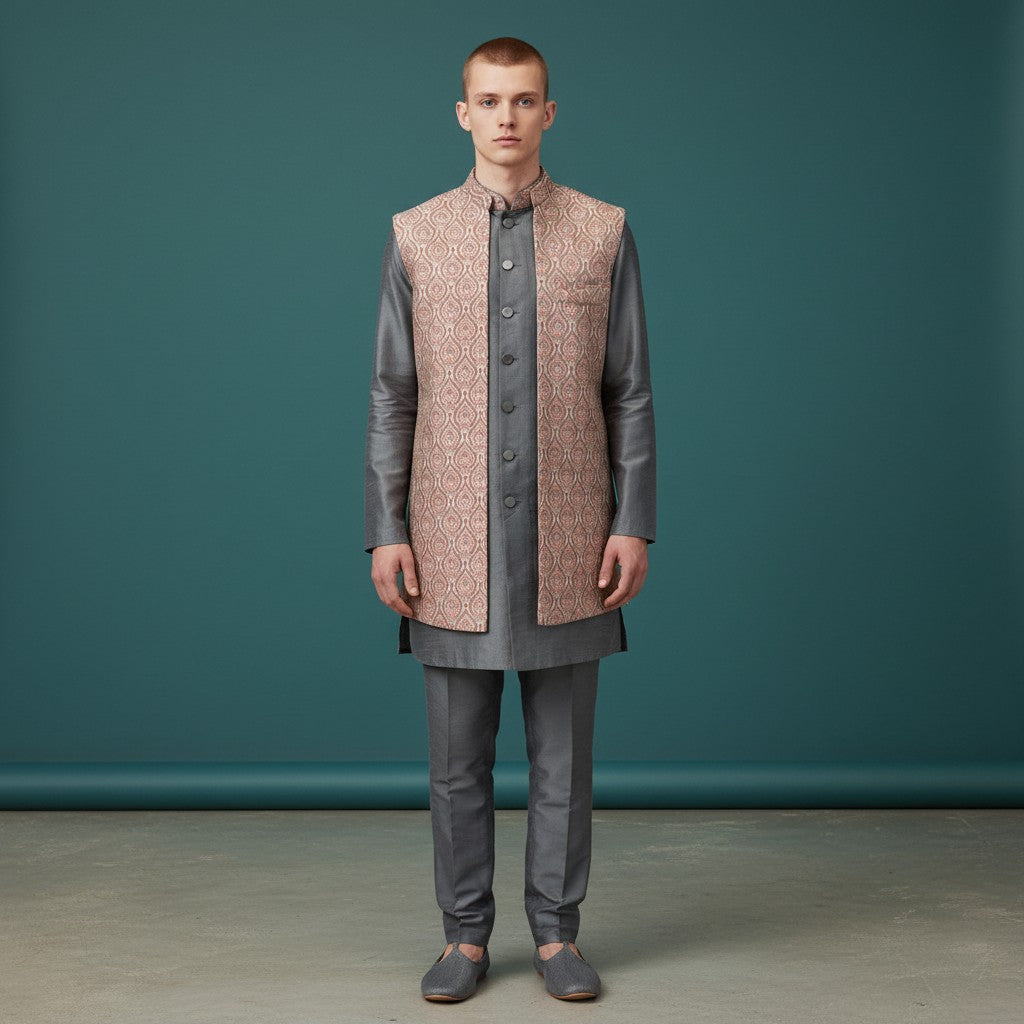 Gray Kurta Pant Set with Pink Vest for Men