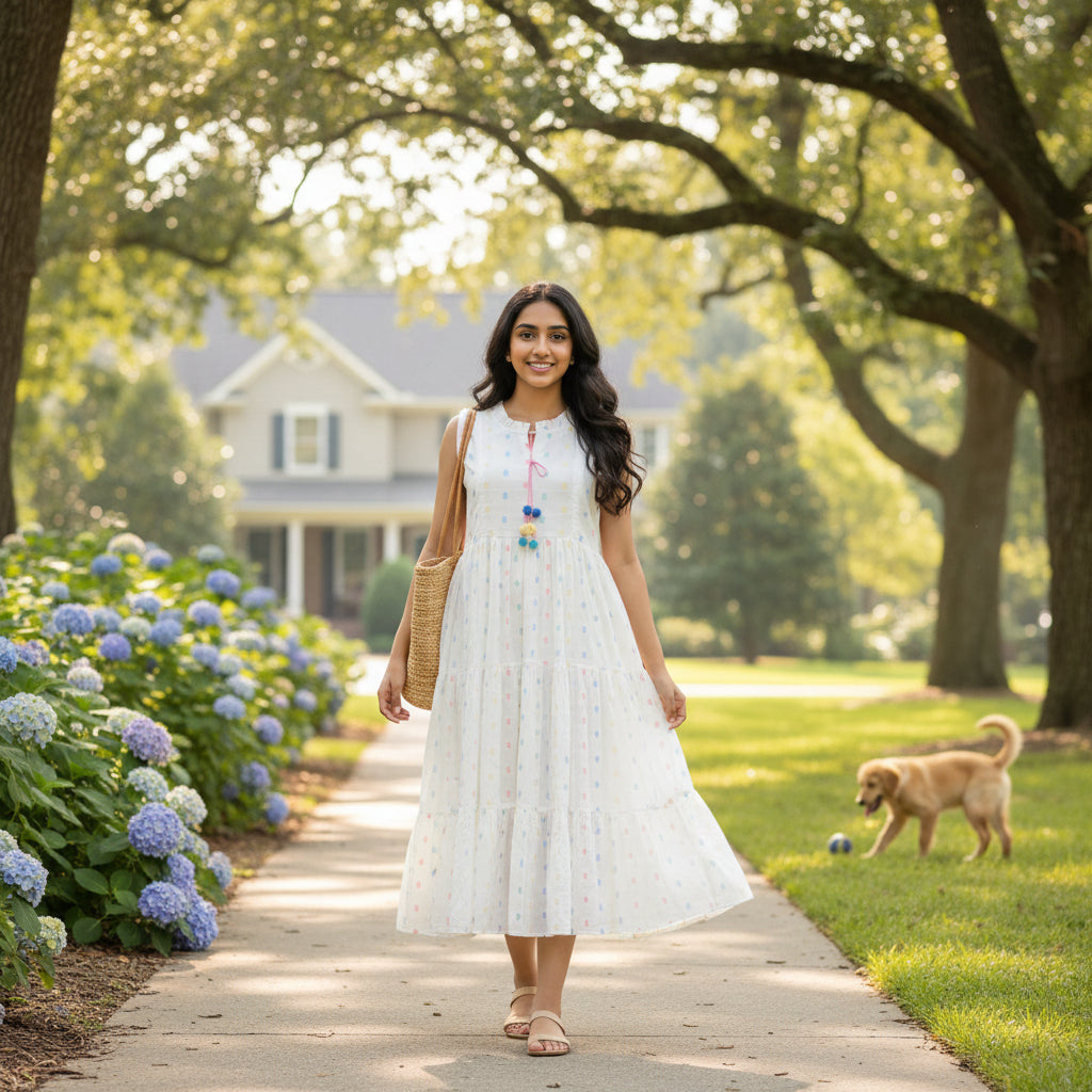 Sleeveless Tiered Maxi Dress with Pom-Pom Drawstring