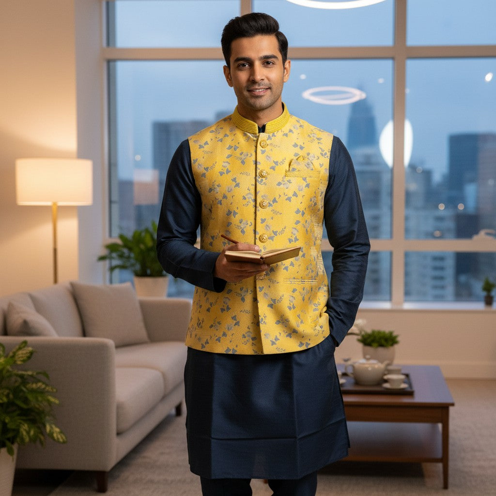 Men Navy Blue 3 Piece Kurta Set
