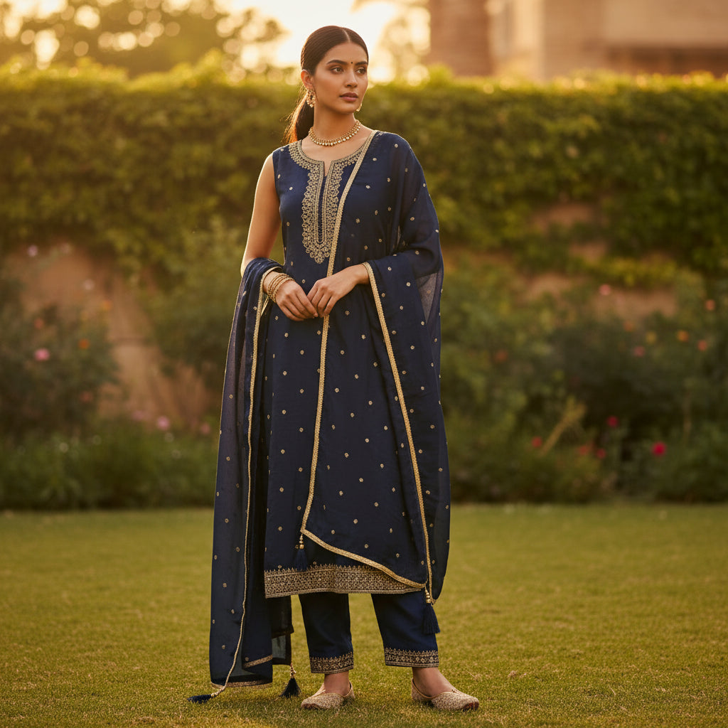 Silk Style Kurta Set with Gold Embroidery