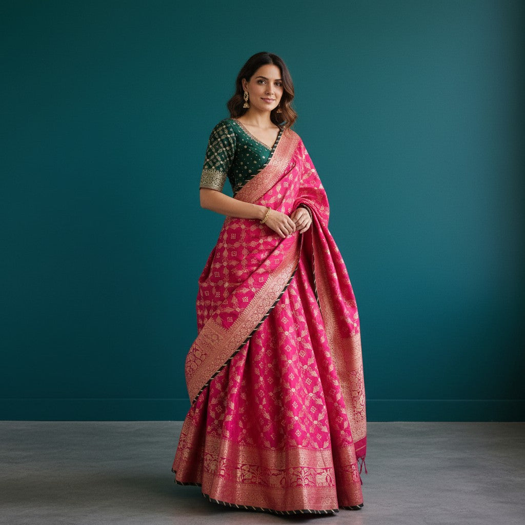 Vibrant Pink Silk Saree with Intricate Patterns and Contrasting Border