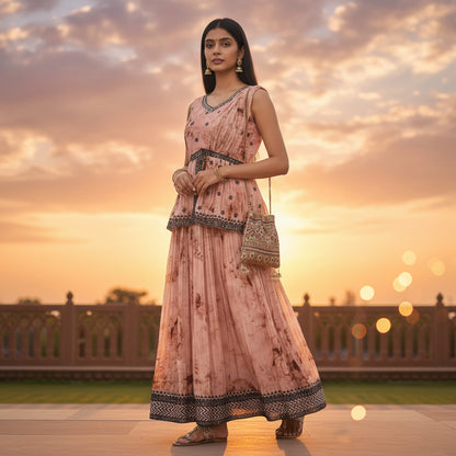 Crinkled Georgette Flared Tunic and Skirt Set