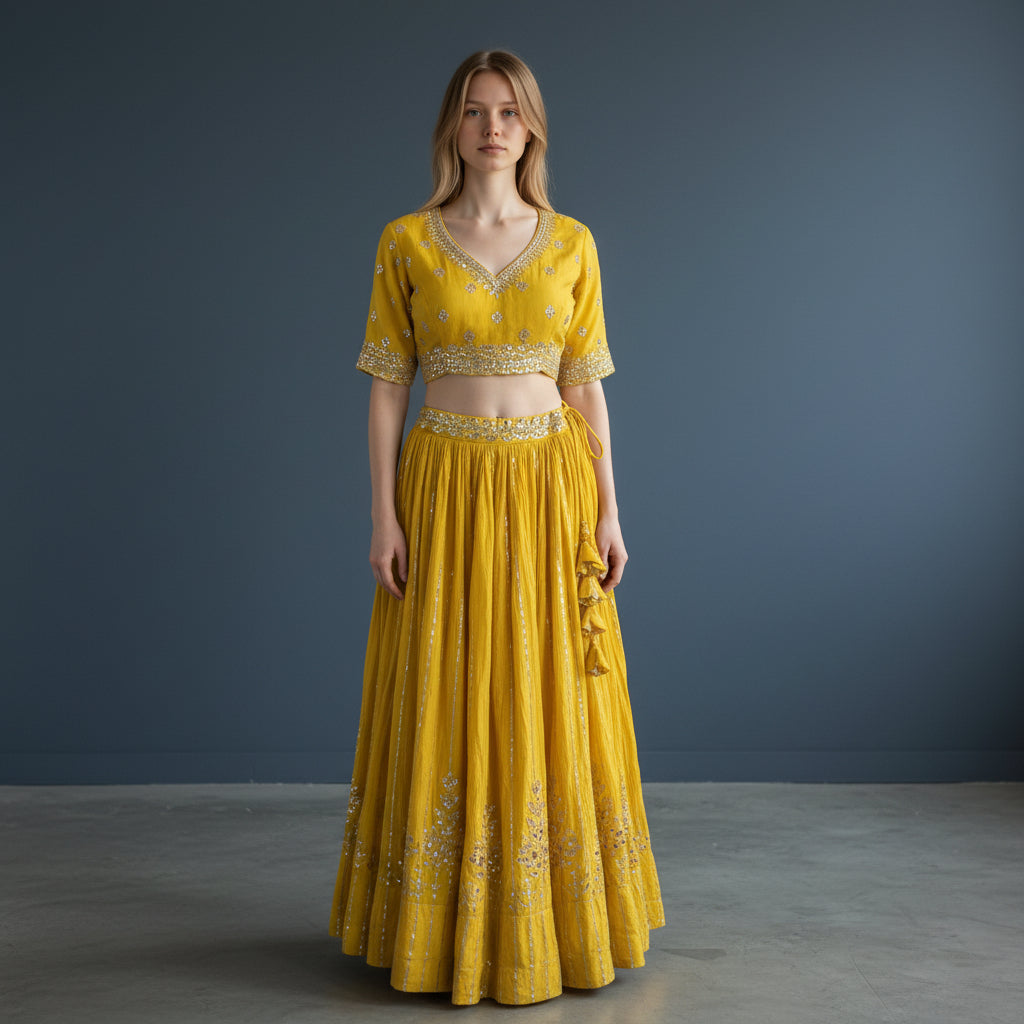 Yellow Bandhani Leheriya Set (Lehenga with Green Dupatta)