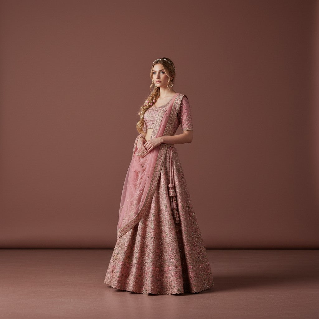 Elegant Rose Pink Lehenga with Geometric and Floral Embroidery