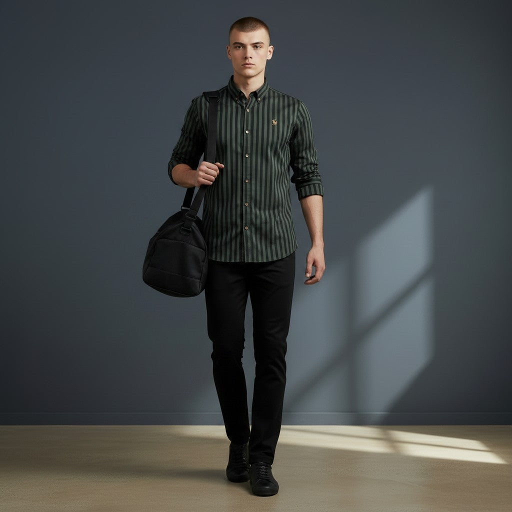 Men's Navy & Green Striped Button-Up Shirt