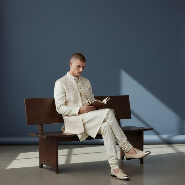 A Cream Colored Self Design Sherwani