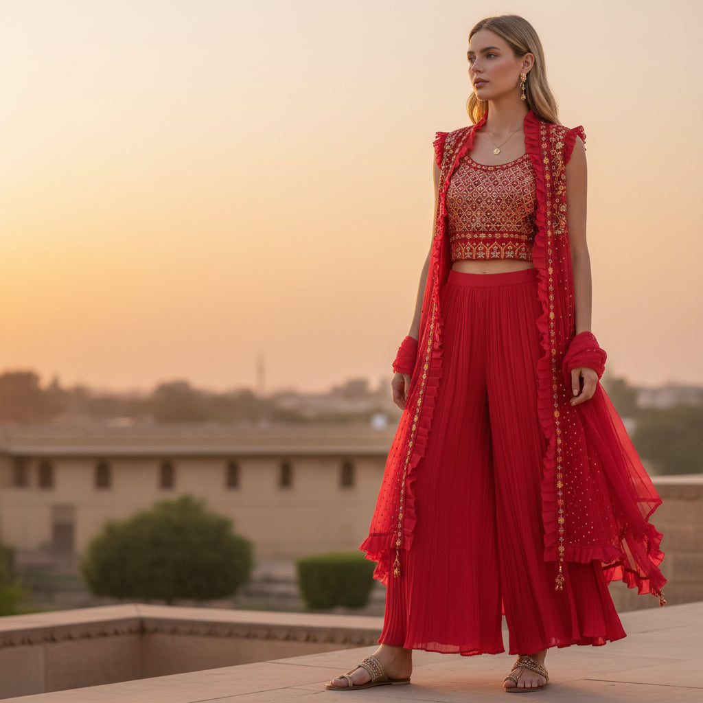 Pleated Georgette Co-ord Set Embroidered Ensemble