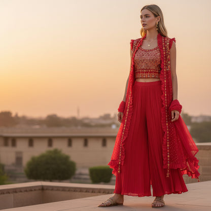 Pleated Georgette Co-ord Set Embroidered Ensemble