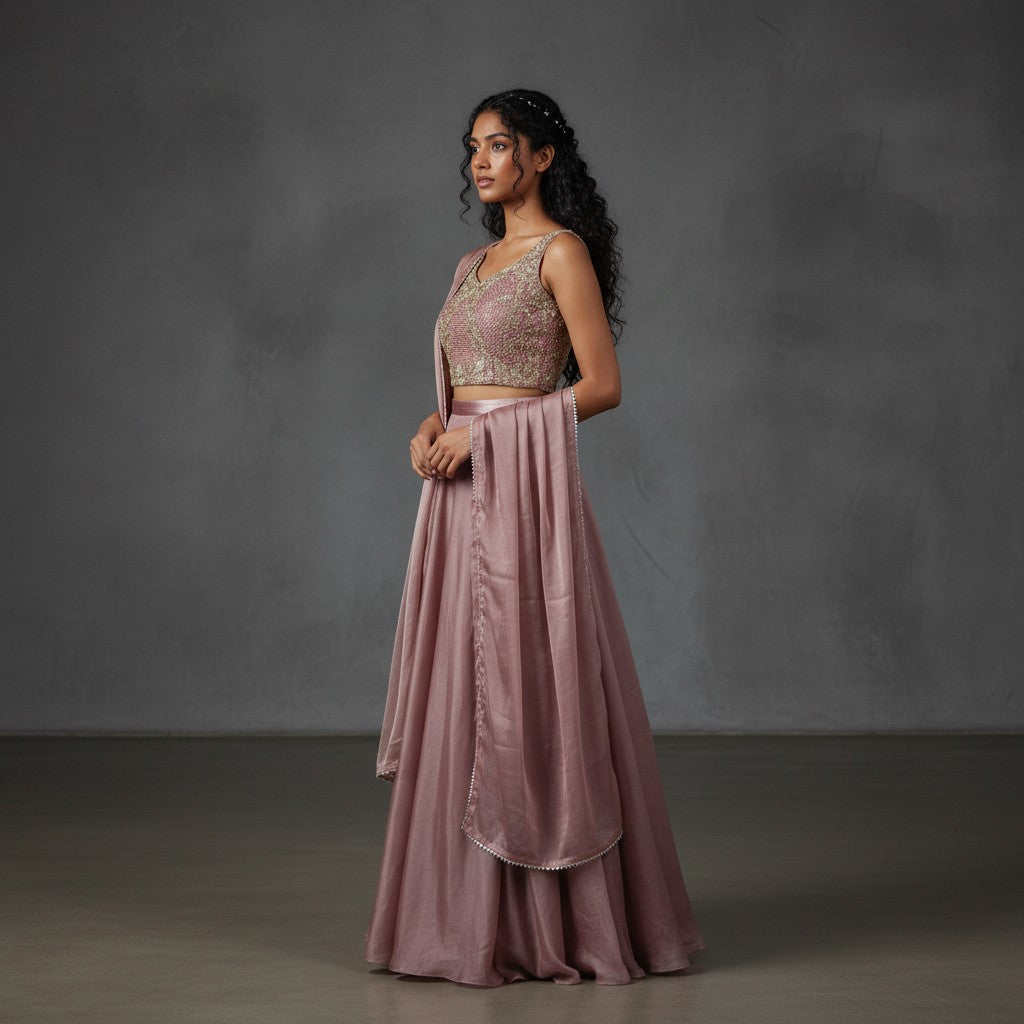 Rosewood Lehenga with Silver Beadwork and Shimmer Skirt