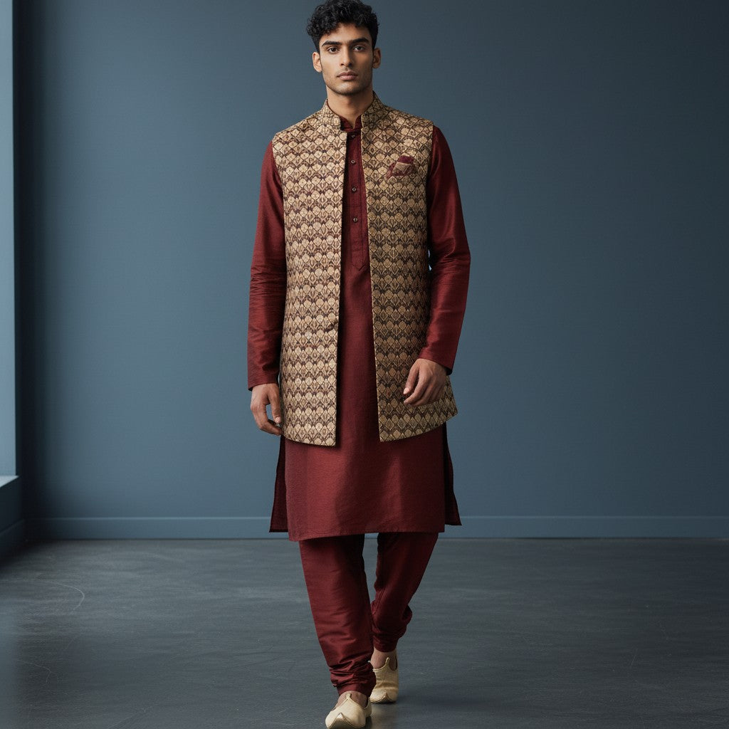 Burgundy Embroidered Silk Kurta Set with Waistcoat
