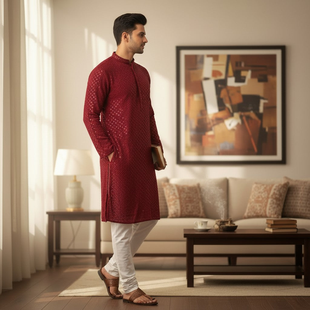 Men's Maroon Kurta Set (2 Pc)