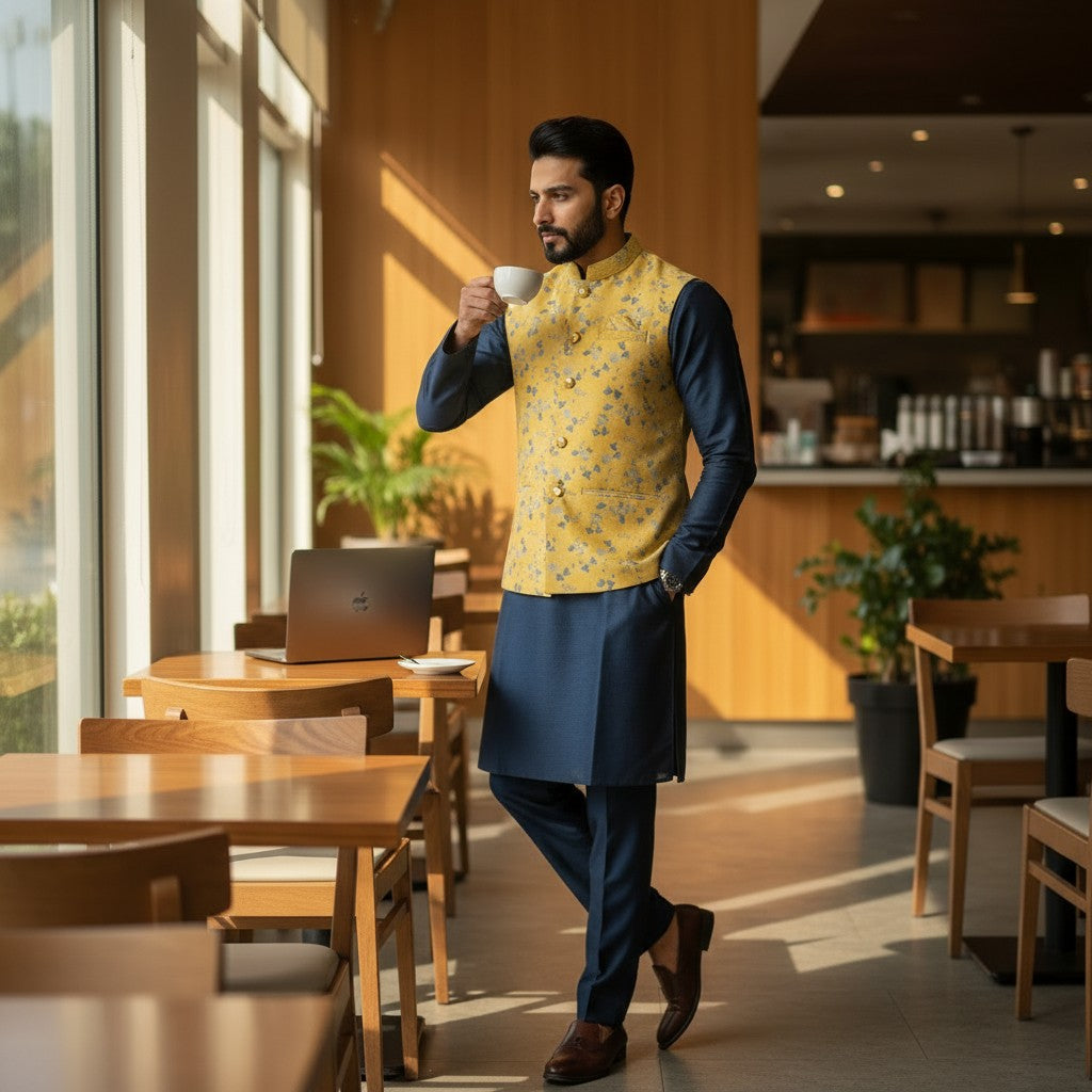 Men Navy Blue 3 Piece Kurta Set