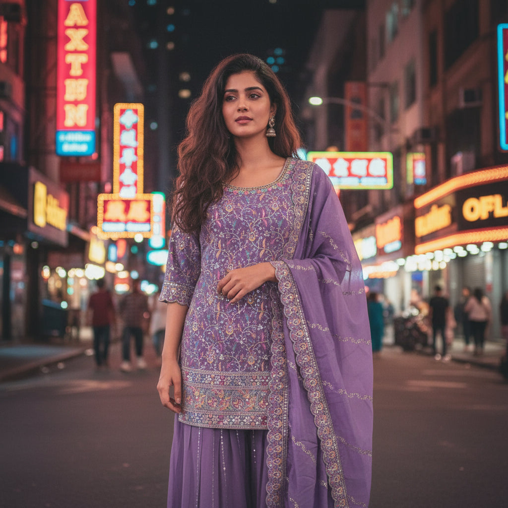 Tissue Georgette Floral Embroidery Sharara Set