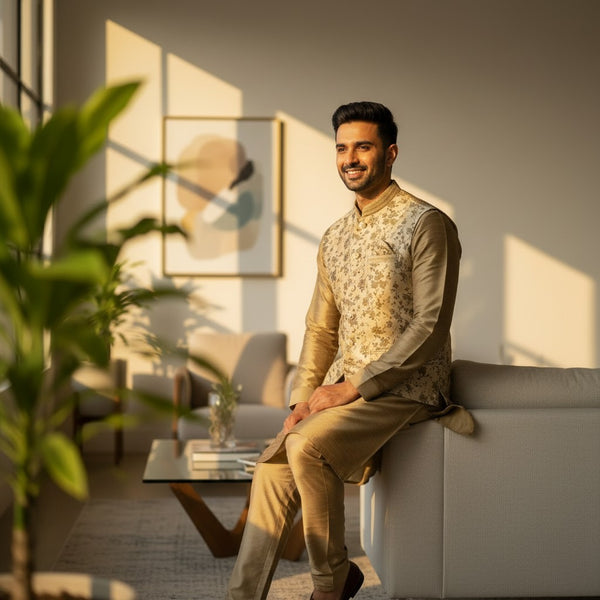 Men 3 Piece Kurta Set - Beige & Gold Floral Embroidered