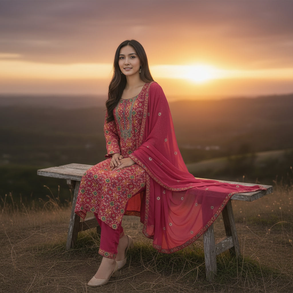 Silk Blend Kurta Set with Vibrant Print for Occasions