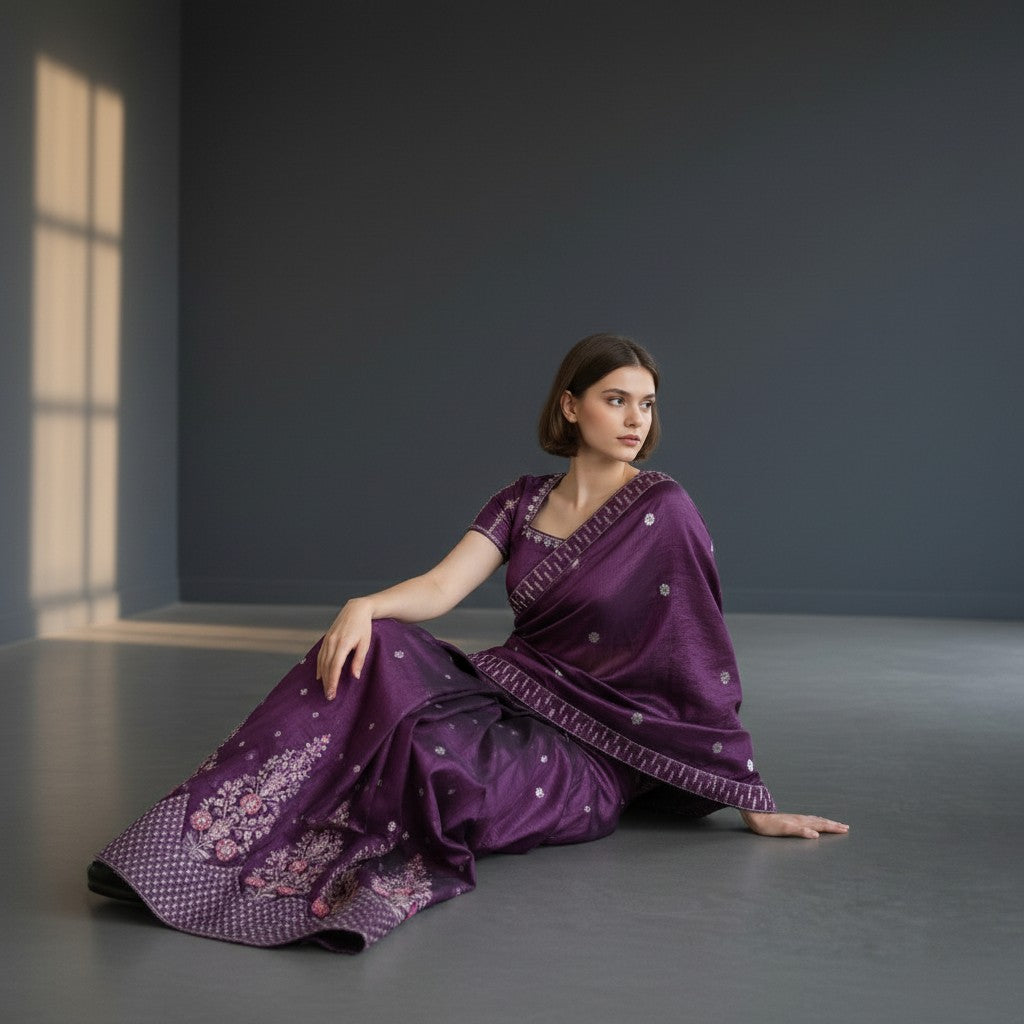 Royal Purple Crinkled Silk Lehenga Choli with Floral Embroidery and Draped Dupatta
