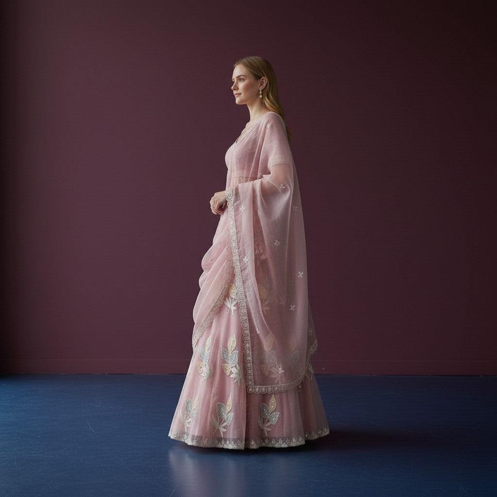 Delicate Dusty Rose Lehenga with Floral Leaf Motifs