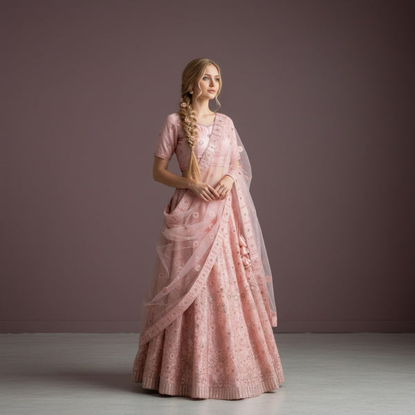 Blush Pink Hexagonal Geometric Lehenga with Floral Threadwork