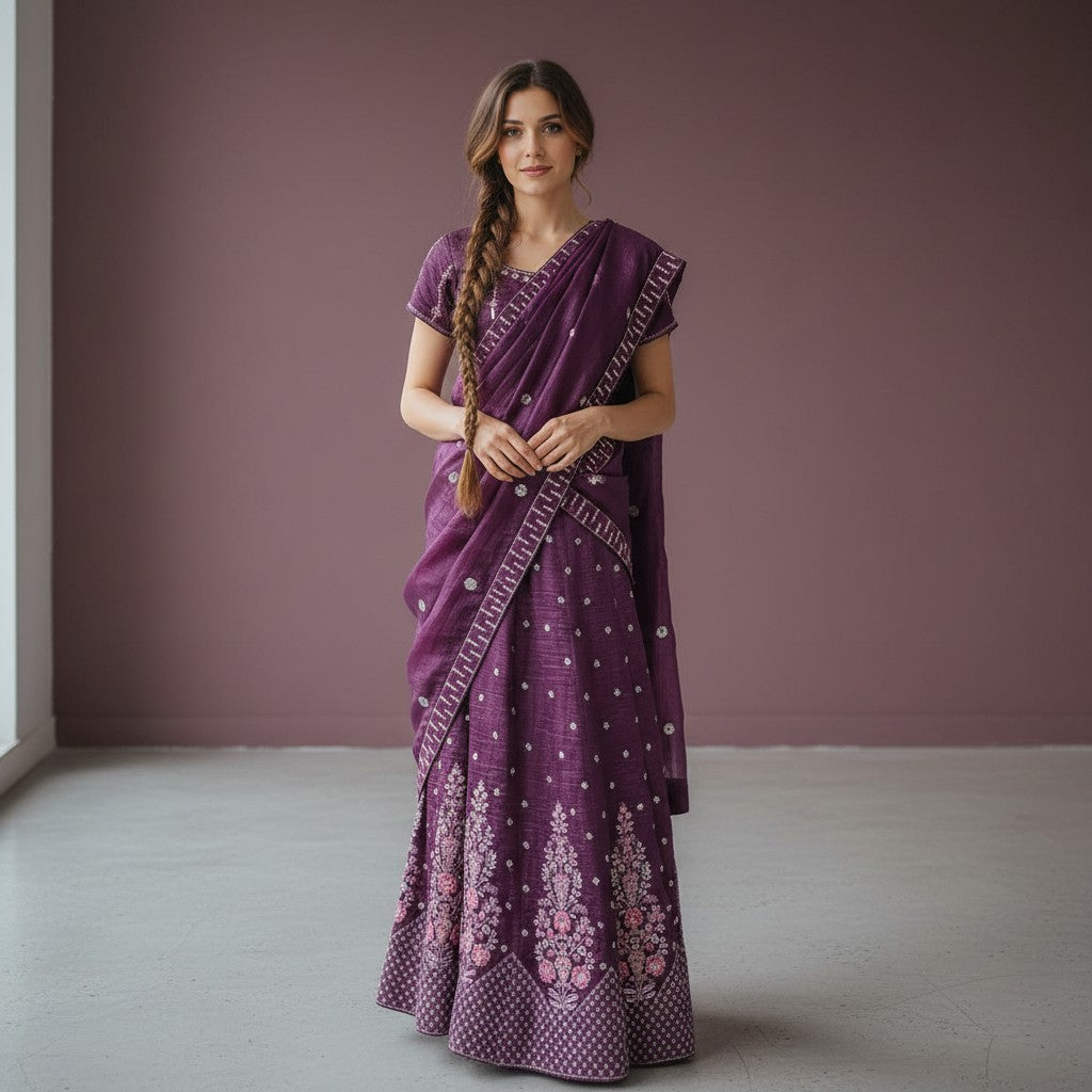 Royal Purple Crinkled Silk Lehenga Choli with Floral Embroidery and Draped Dupatta