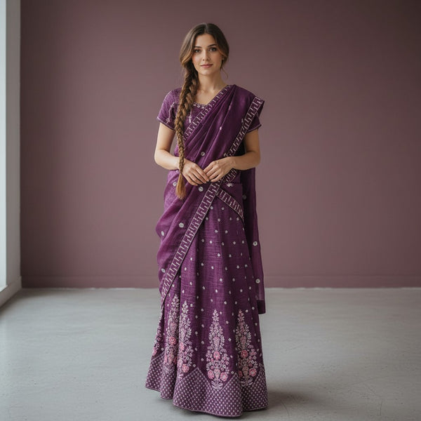 Royal Purple Crinkled Silk Lehenga Choli with Floral Embroidery and Draped Dupatta