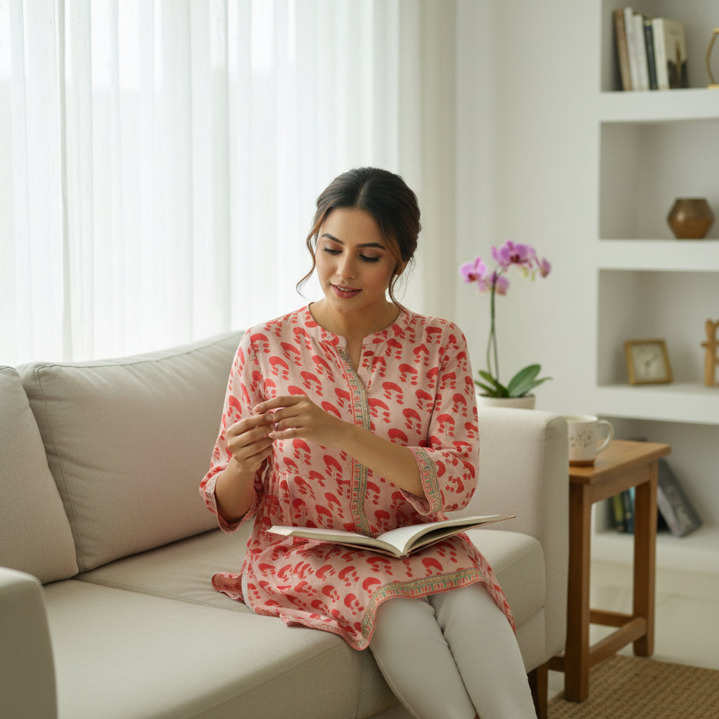 Rayon Front-Open Tunic with Mandarin Collar