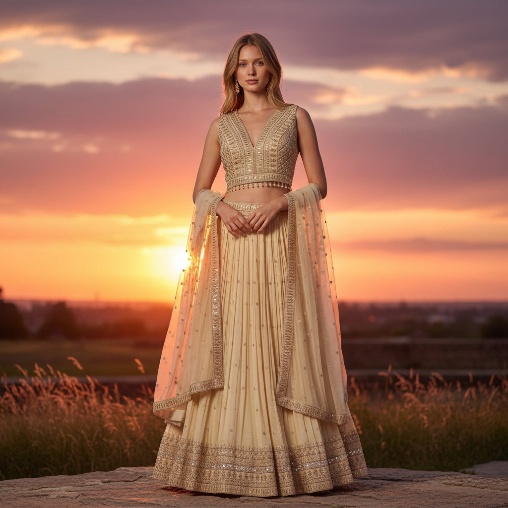 Georgette Pleated Skirt with Embroidered Blouse