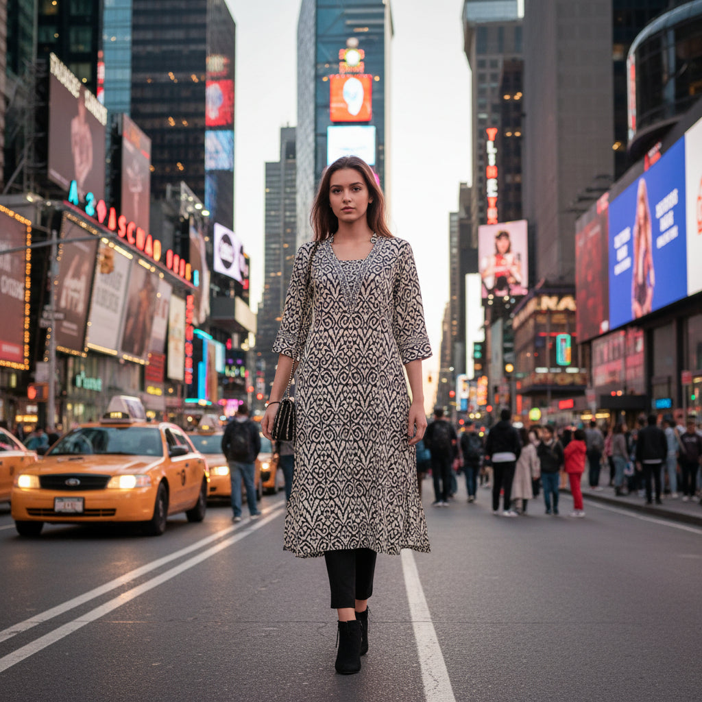 V-Neck Kurta with Black & White Ikat Geometric Print and Embroidery