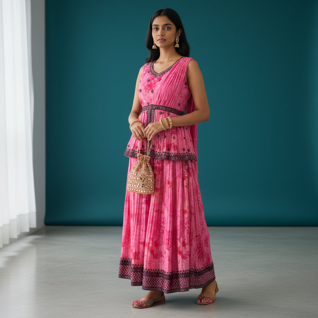 Crinkled Georgette Flared Tunic and Skirt Set