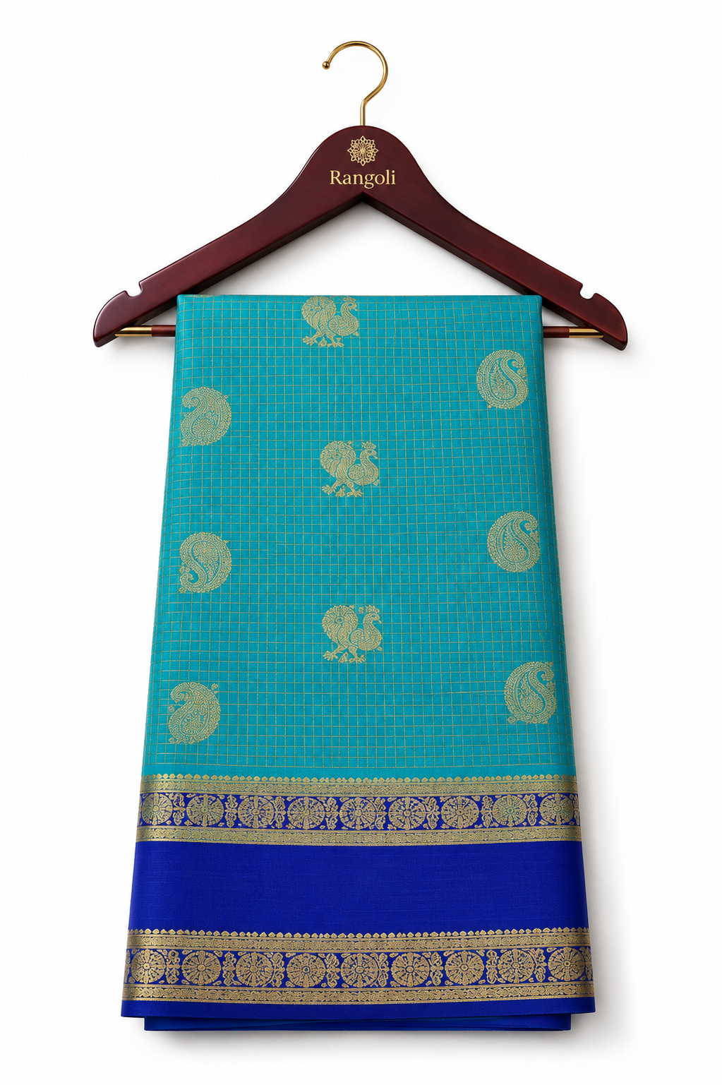 Gold Peacock Butta Checked Pattern Pure Silk Saree in Teal & Royal Blue