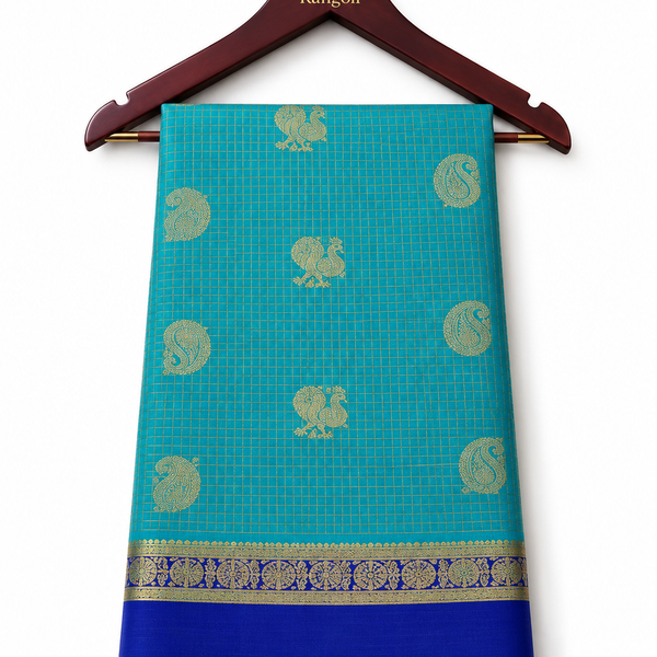 Gold Peacock Butta Checked Pattern Pure Silk Saree in Teal & Royal Blue