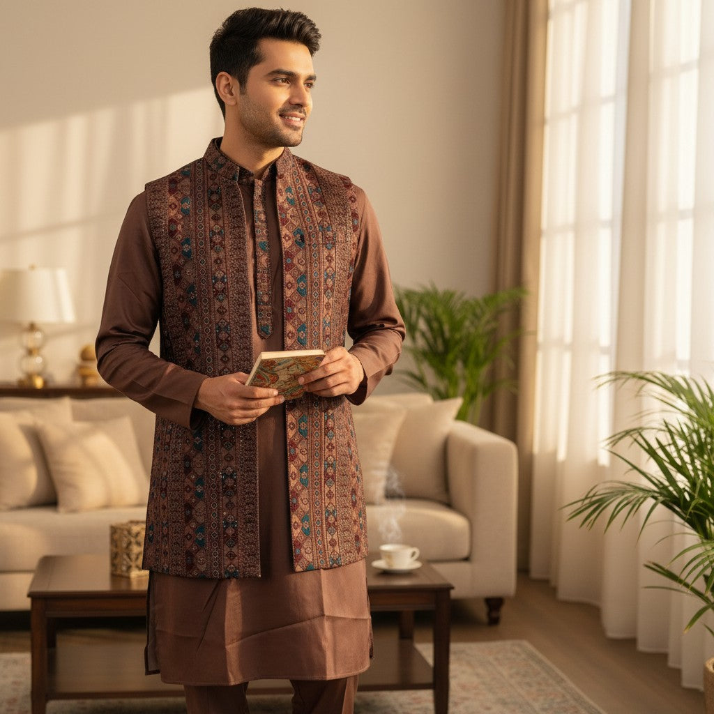Men's Brown 3-Piece Kurta Set with Embroidered Vest