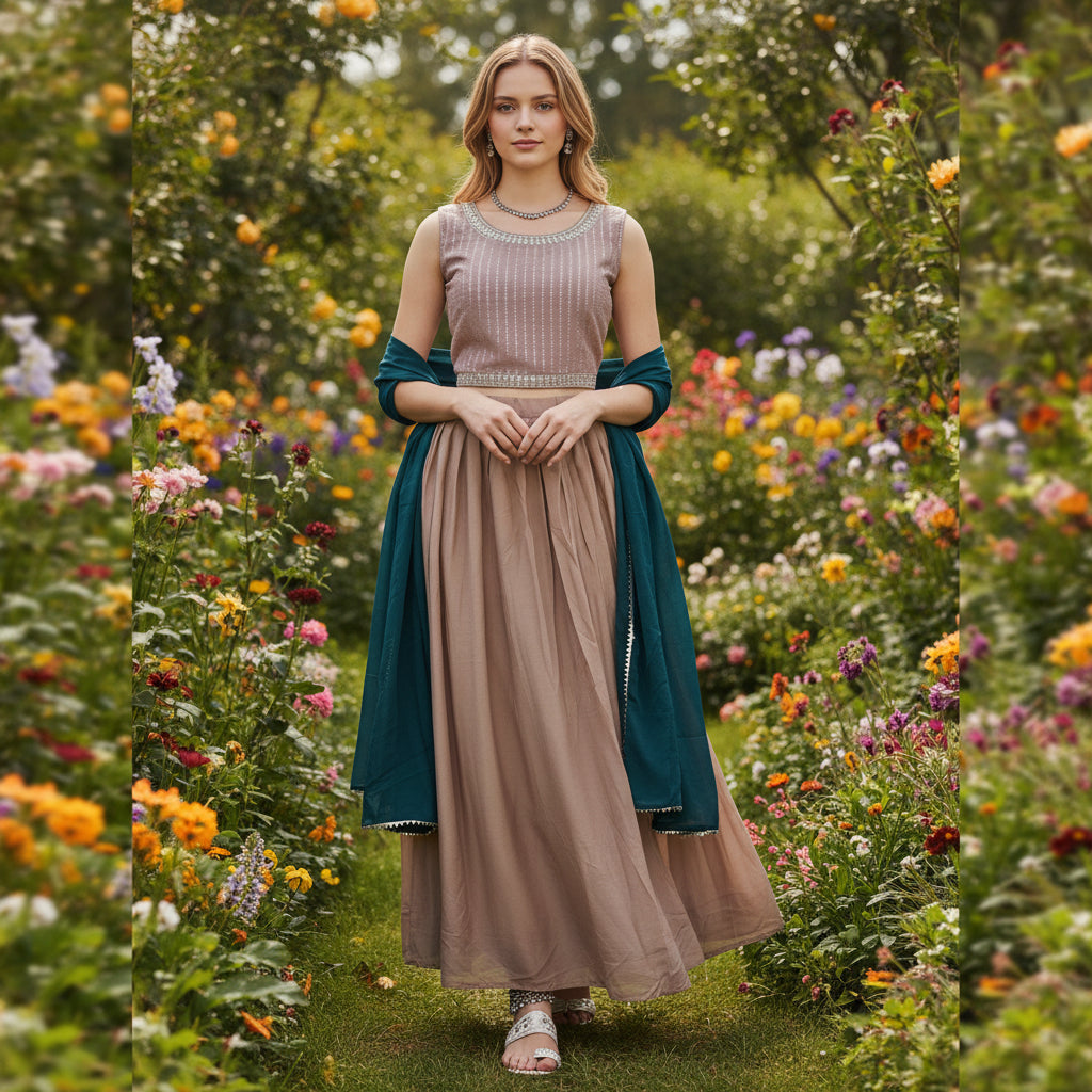 Textured Georgette Long Jacket Over Floor-length Dress