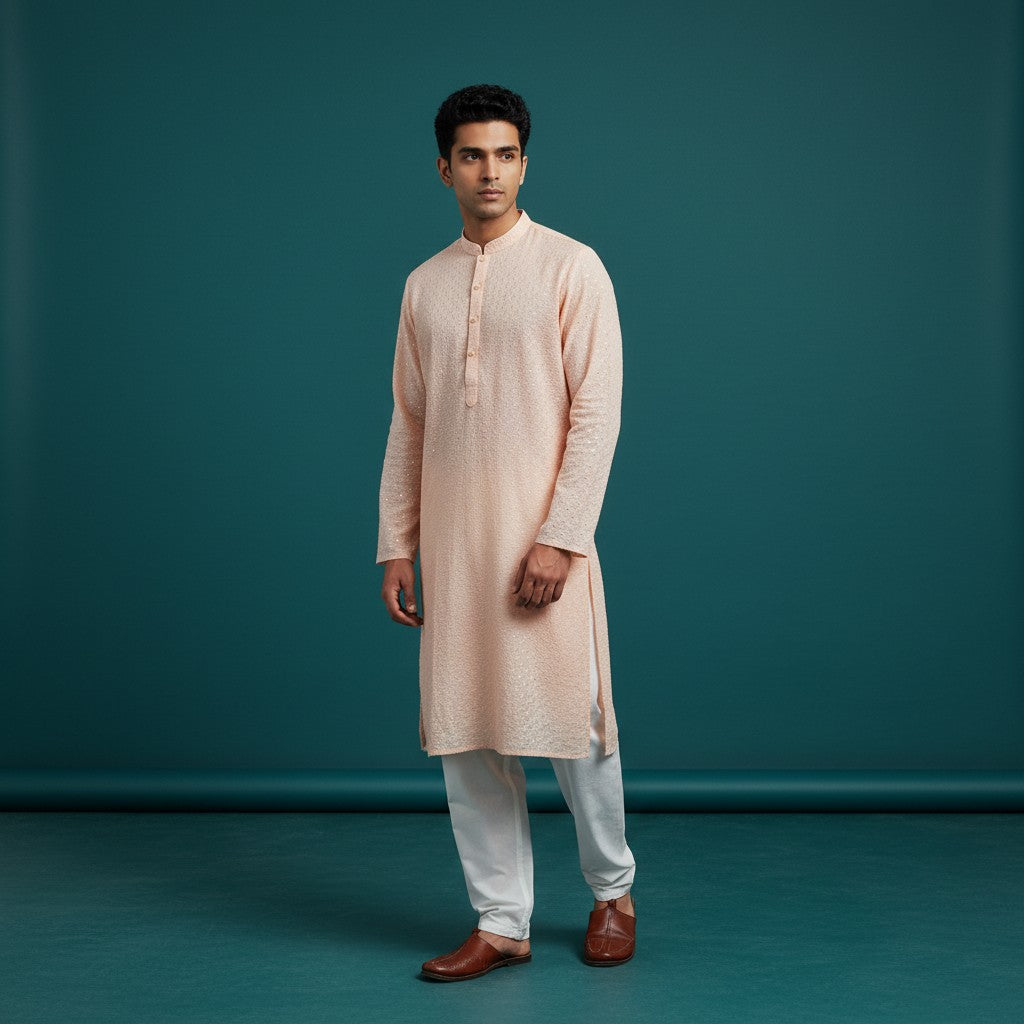 Chikankari Embroidered Sequinned Kurta Set - Peach