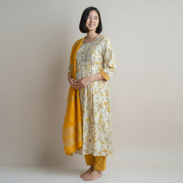 Kurti Set with Floral Print, Yellow Trousers, and Solid Dupatta