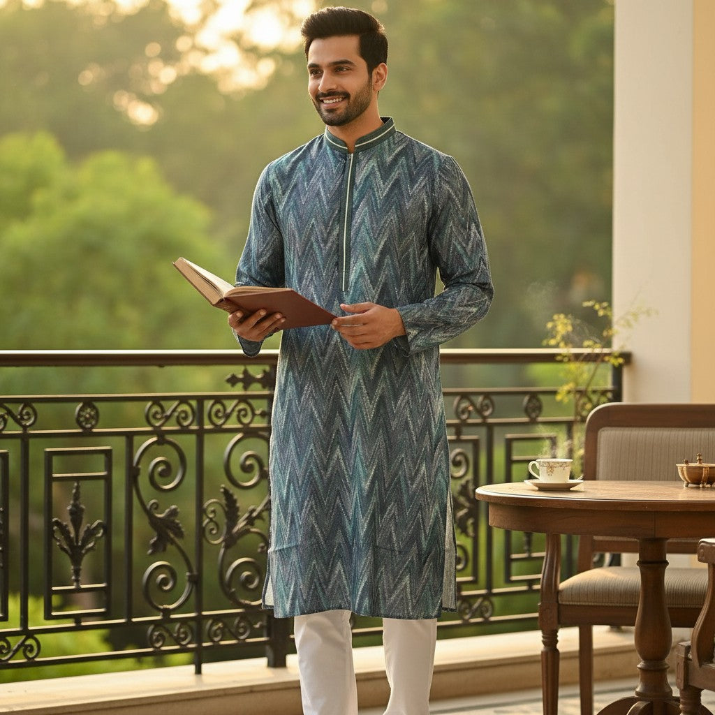 Blue Chevron Pattern Kurta Set for Men