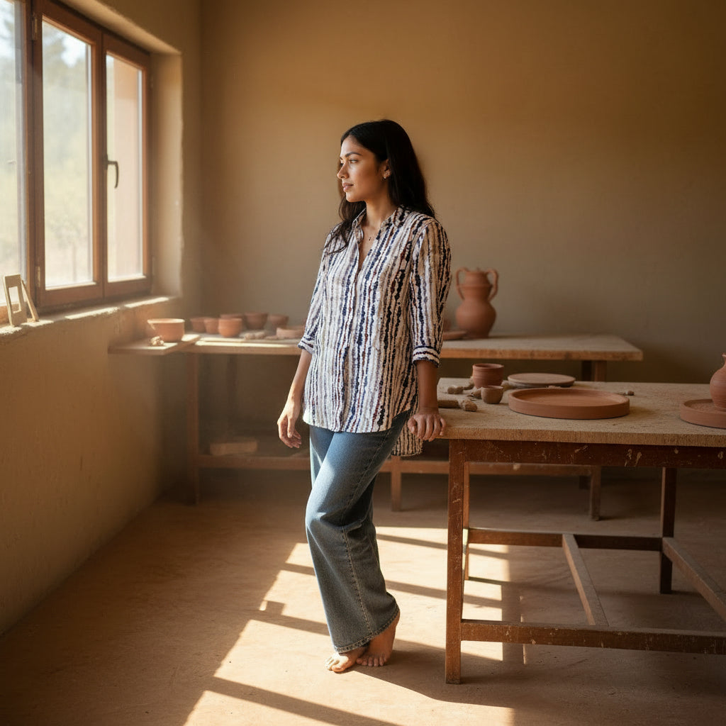 Linen Cotton Blend V-neck Tunic