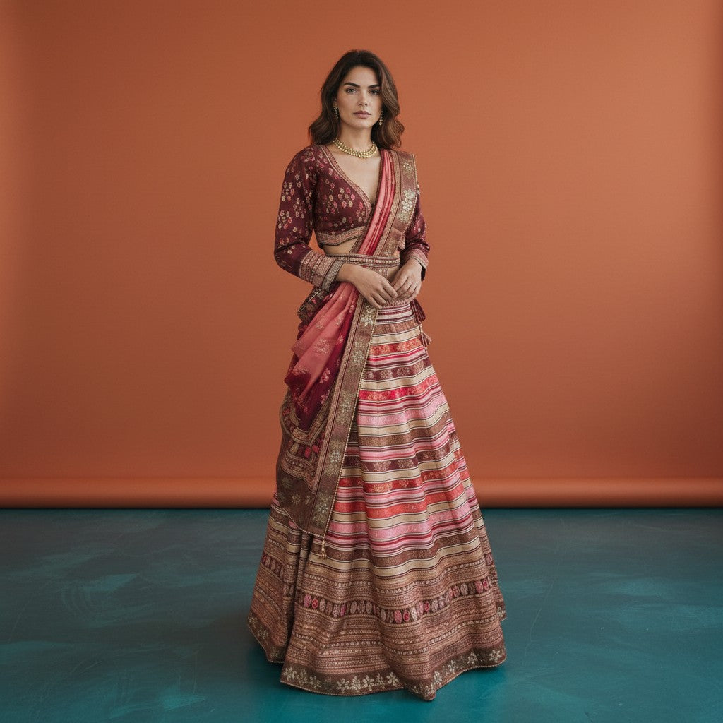 Regal Maroon Lehenga with Multi-Tonal Striped Skirt