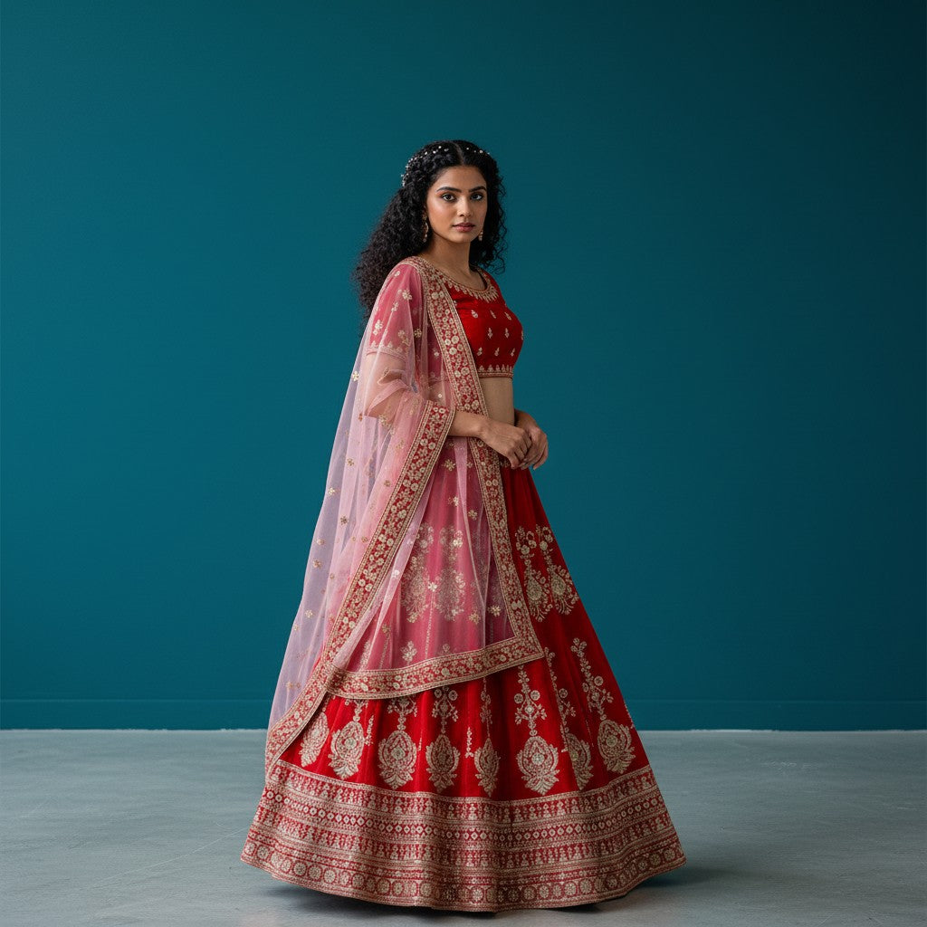Traditional Red Velvet Silk Lehenga with Gold Embroidery and Peach Dupatta