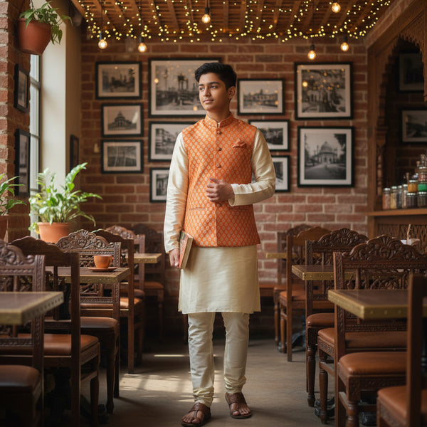 Men 3 Piece Set - Peach Kurta Set for Party and Wedding