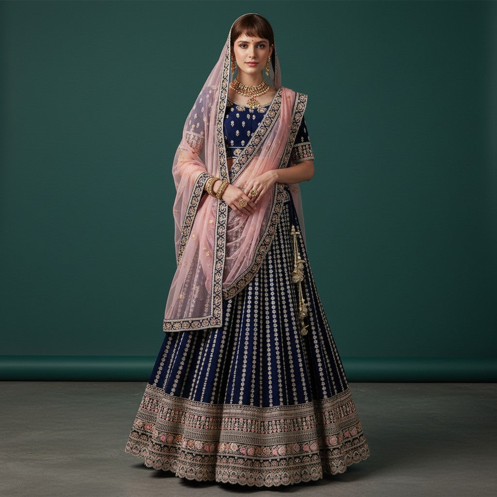 Navy Blue and Gold Embroidered Lehenga Choli with Peach-Pink Dupatta