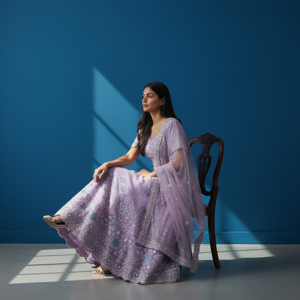 Lavender Floral Embroidered Lehenga Set with Scalloped Edges