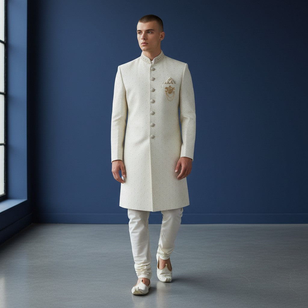 A Off White Self Design Sherwani