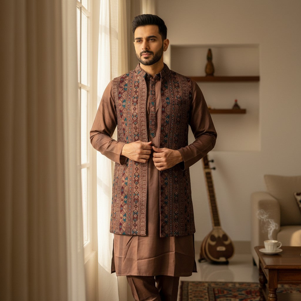 Men's Brown 3-Piece Kurta Set with Embroidered Vest