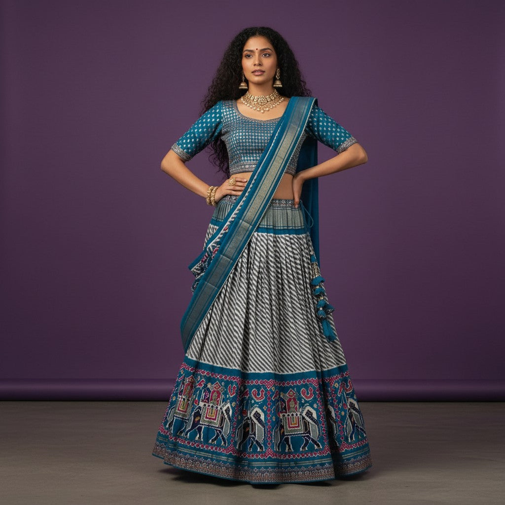 Contemporary Patola-Style Lehenga with Chevron Pattern and Elephant-Peacock Border