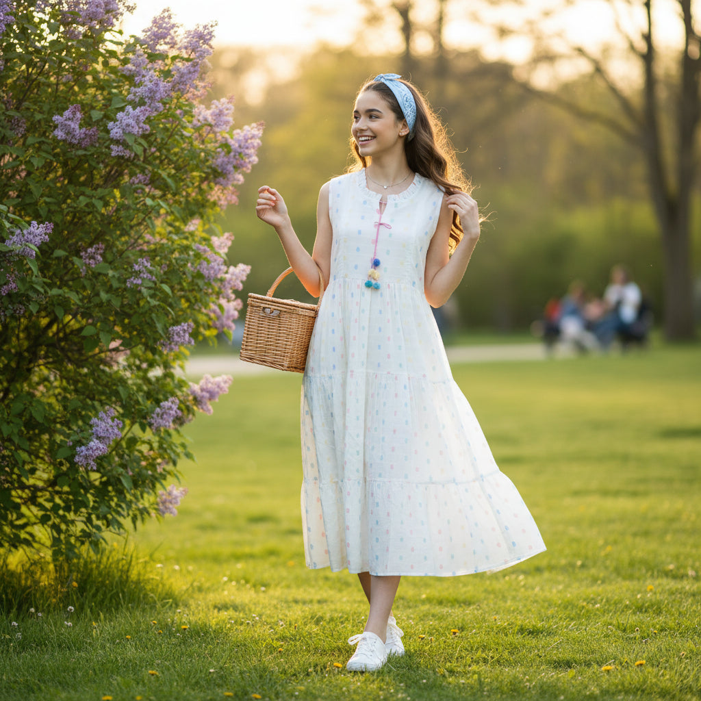 Sleeveless Tiered Maxi Dress with Pom-Pom Drawstring