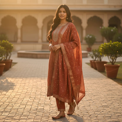 Tissue Silk Kurta Set with Scallop-Edge Embroidery