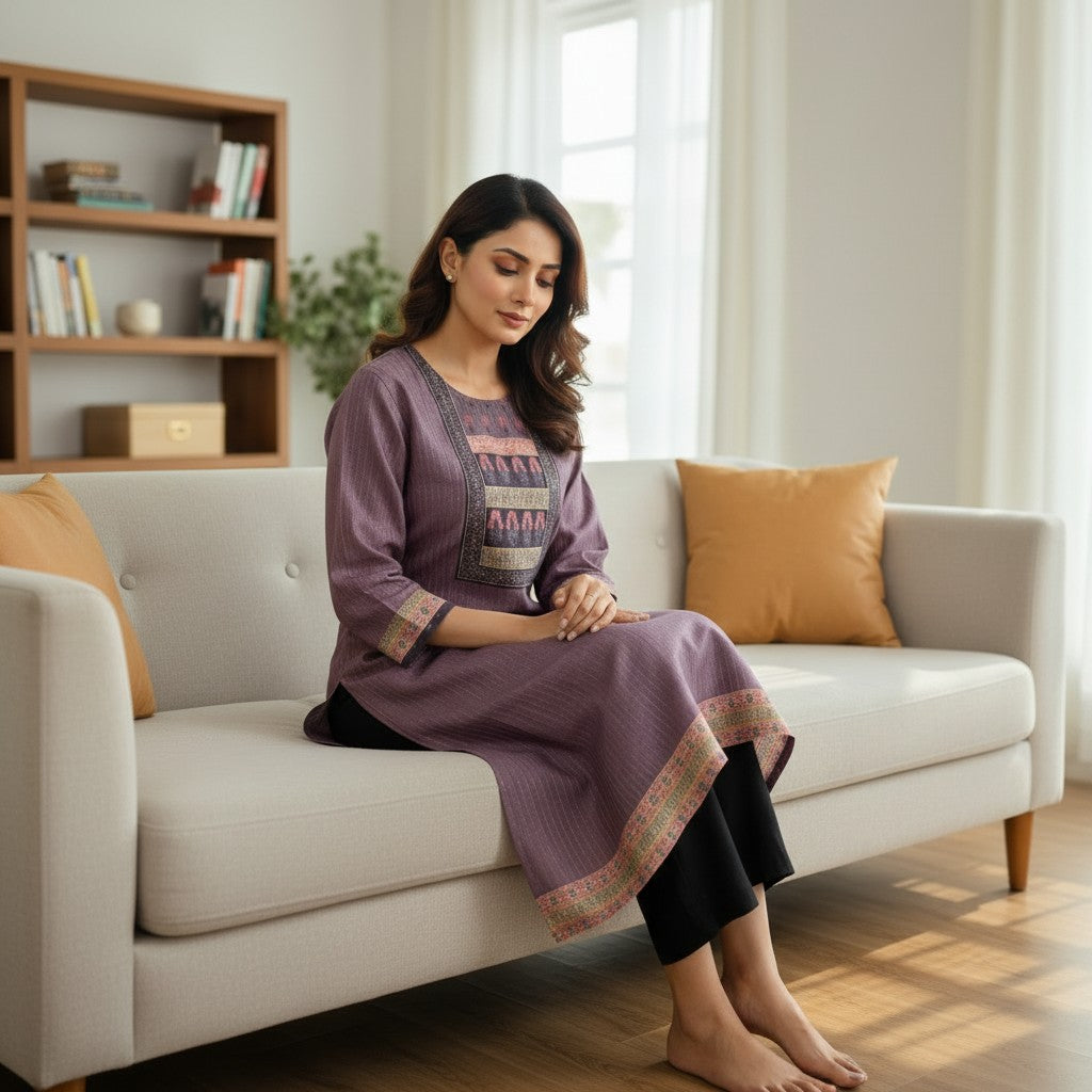 Ladies Kurthi - Purple/Plum with Textured Stripes and Decorative Border