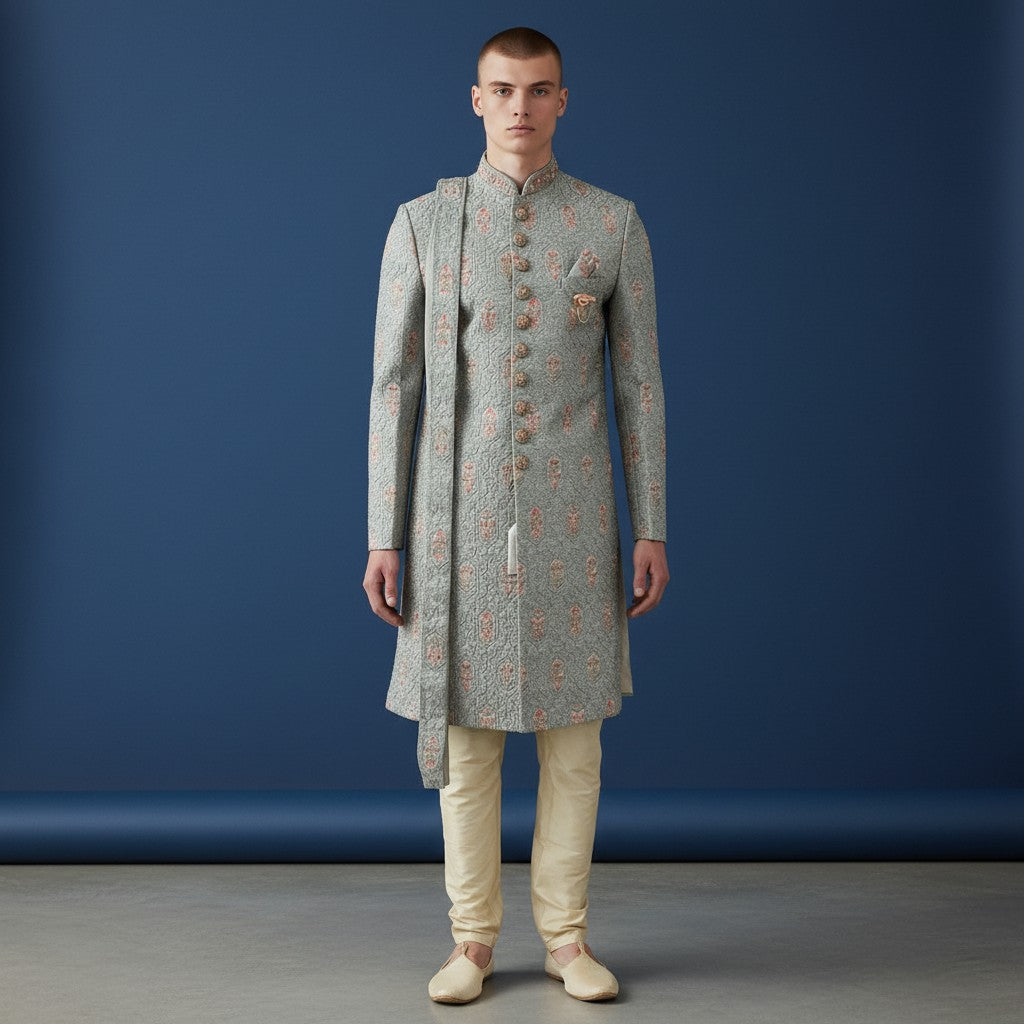A Gray Colored Self Design Sherwani